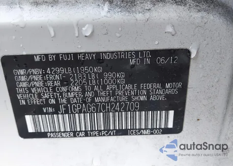 2012 Subaru Impreza 2.0I Limited z USA, uszkodzony, nr VIN JF1GPAG67CH242709